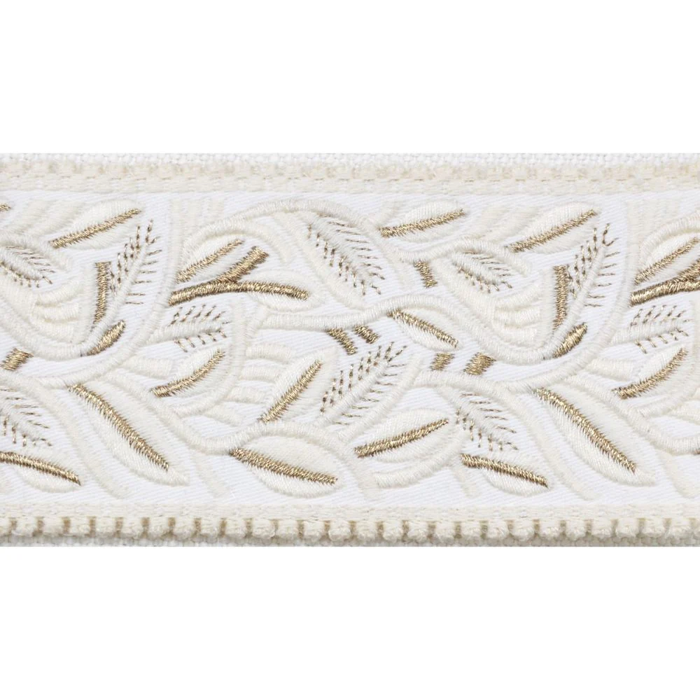 2 1/2-inch Decorative Embroidered Woven Trim Tape with Textured Leaf Design – Ivory and Gold – 5 Yard Roll | Style BR-7566