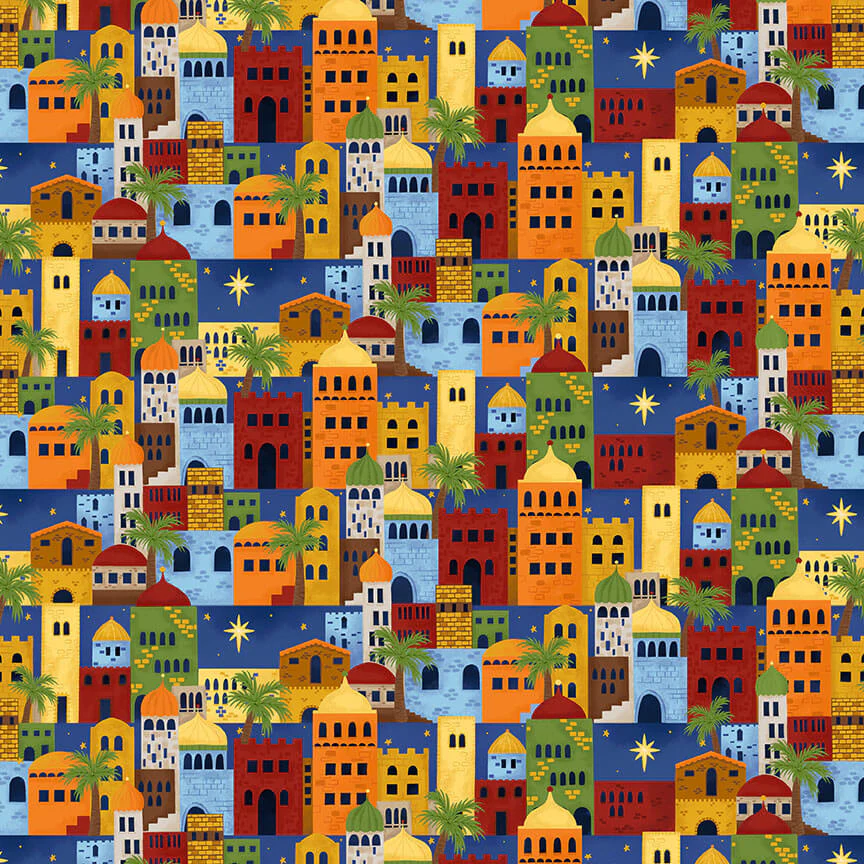 Away in a Manger - Allover Buildings - Blue 44" / 45" Fabric Per Yard