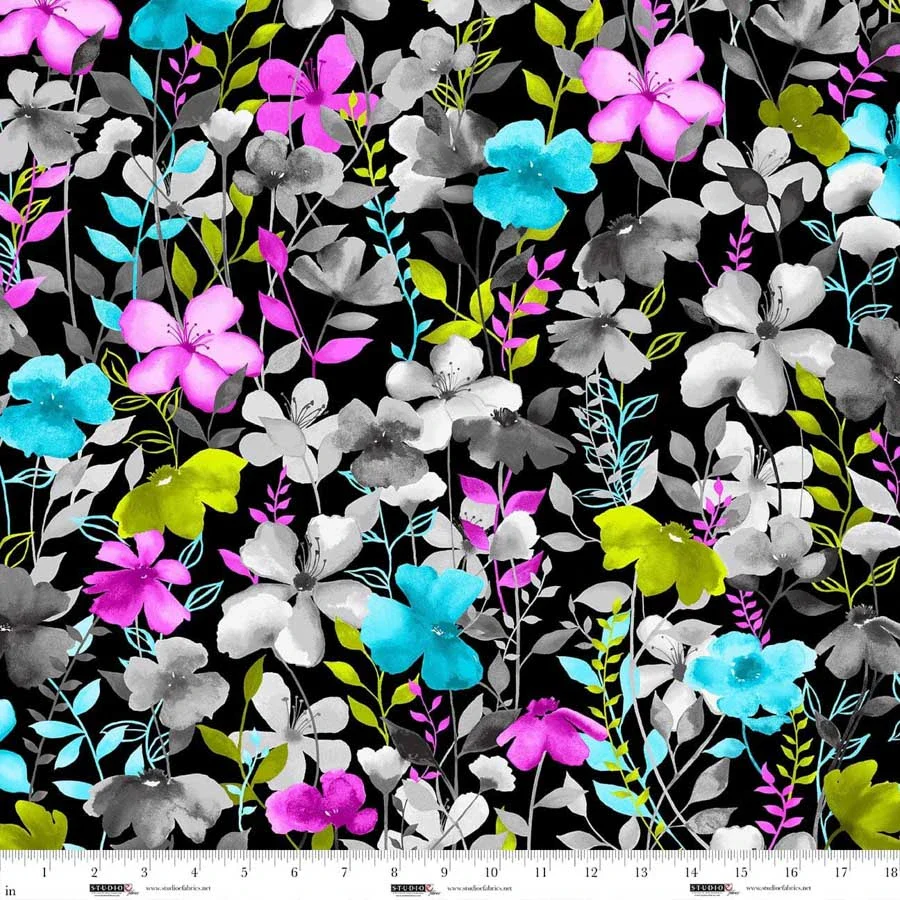Black Watercolor Floral 44"/45" Cotton Fabric Per Yard