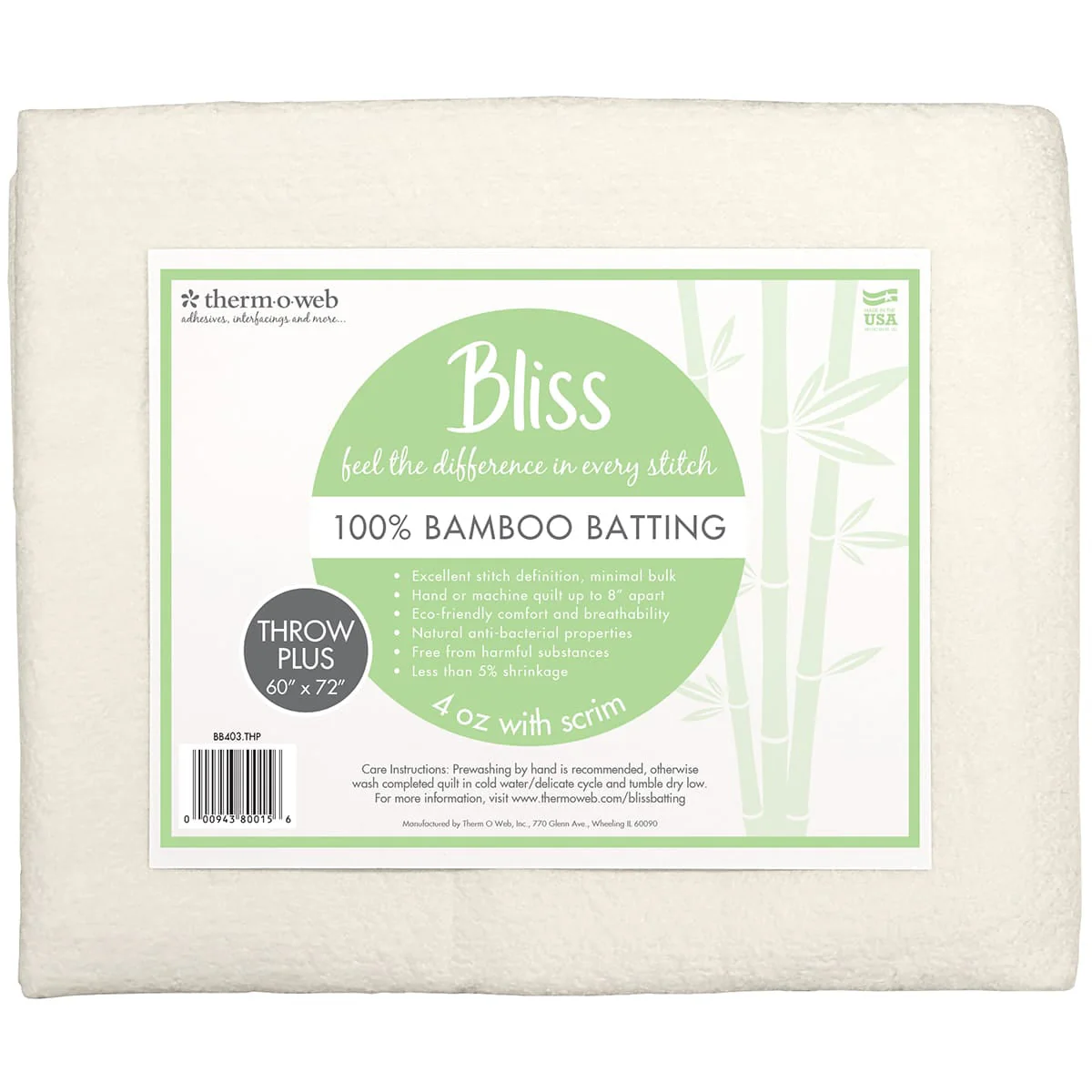 Bliss 100% Bamboo Batting - Throw Plus 60" x 72"