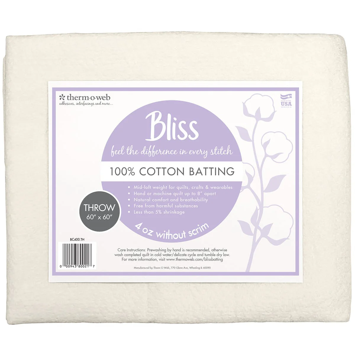 Bliss 100% Cotton Batting - Throw 60" x 60"