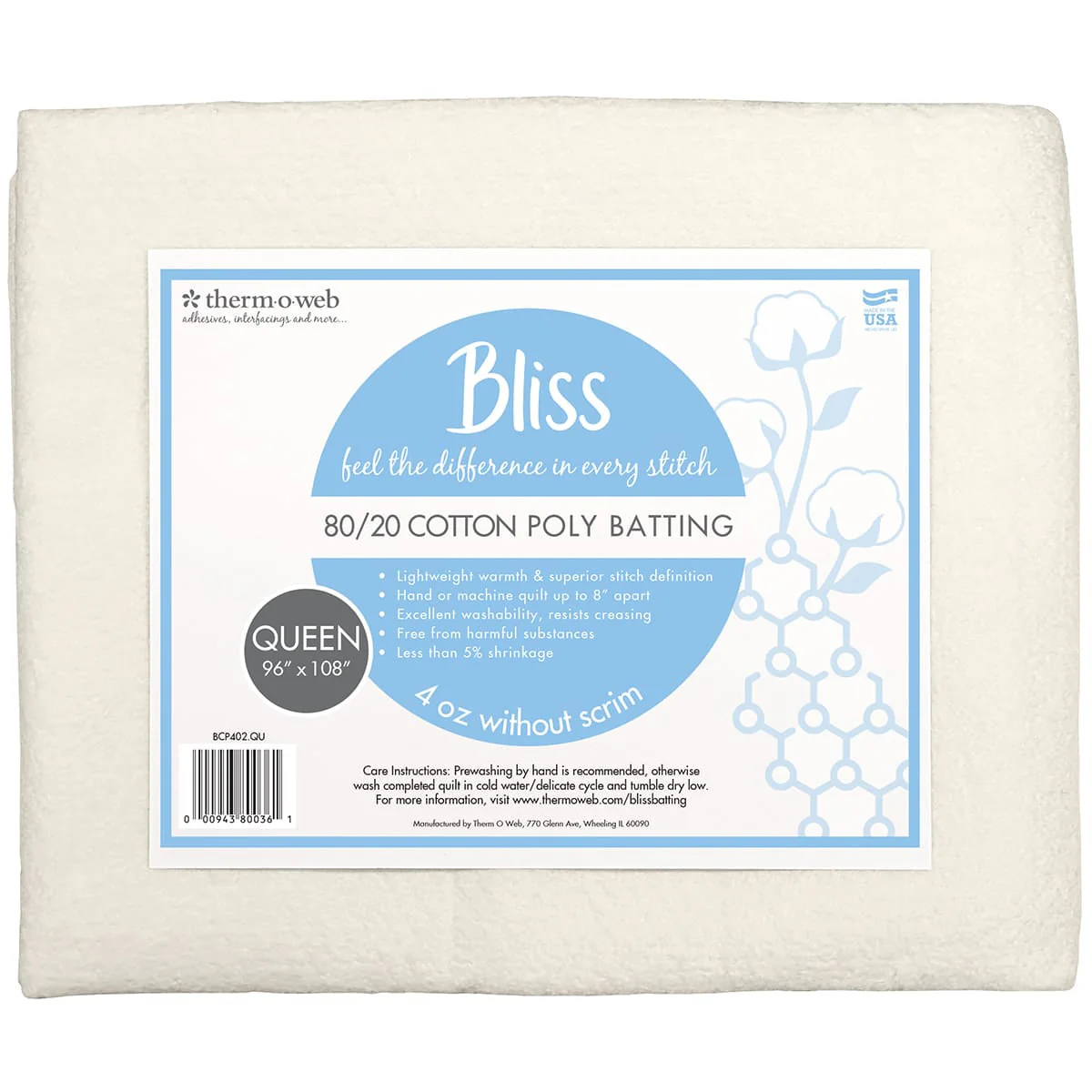 Bliss 80/20 Cotton Poly Batting - Queen 108" x 96"