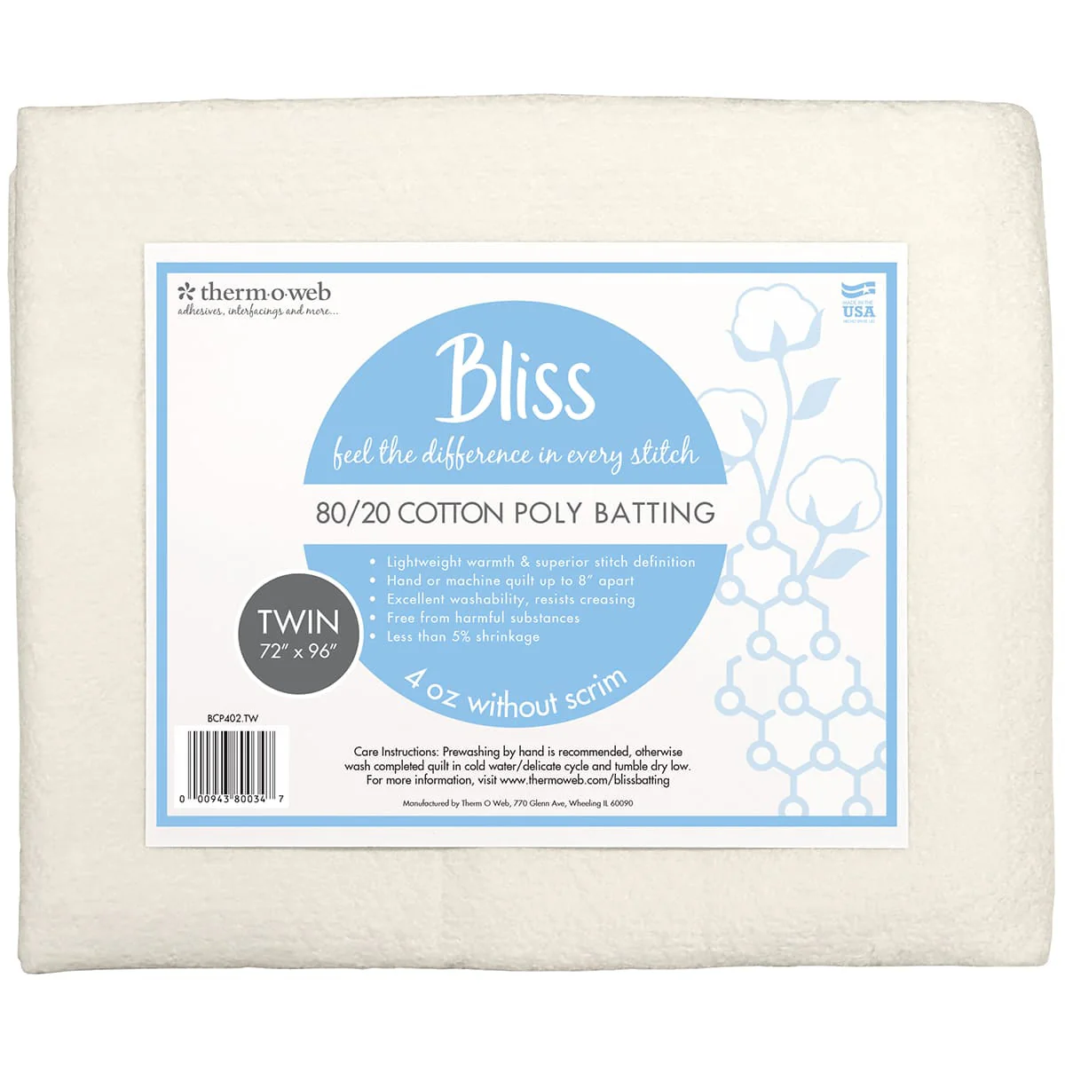 Bliss 80/20 Cotton Poly Batting - Twin 72" x 96"