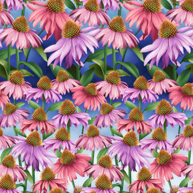 Blue Echinacea Blissful Blooms Cotton 43"/44" Fabric Per Yard