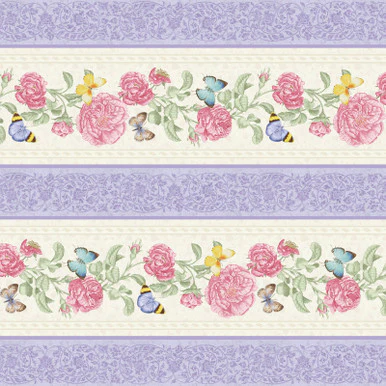 Border Stripe Pink Lavender Fluttering Florals Cotton 43"/44" Fabric Per Yard