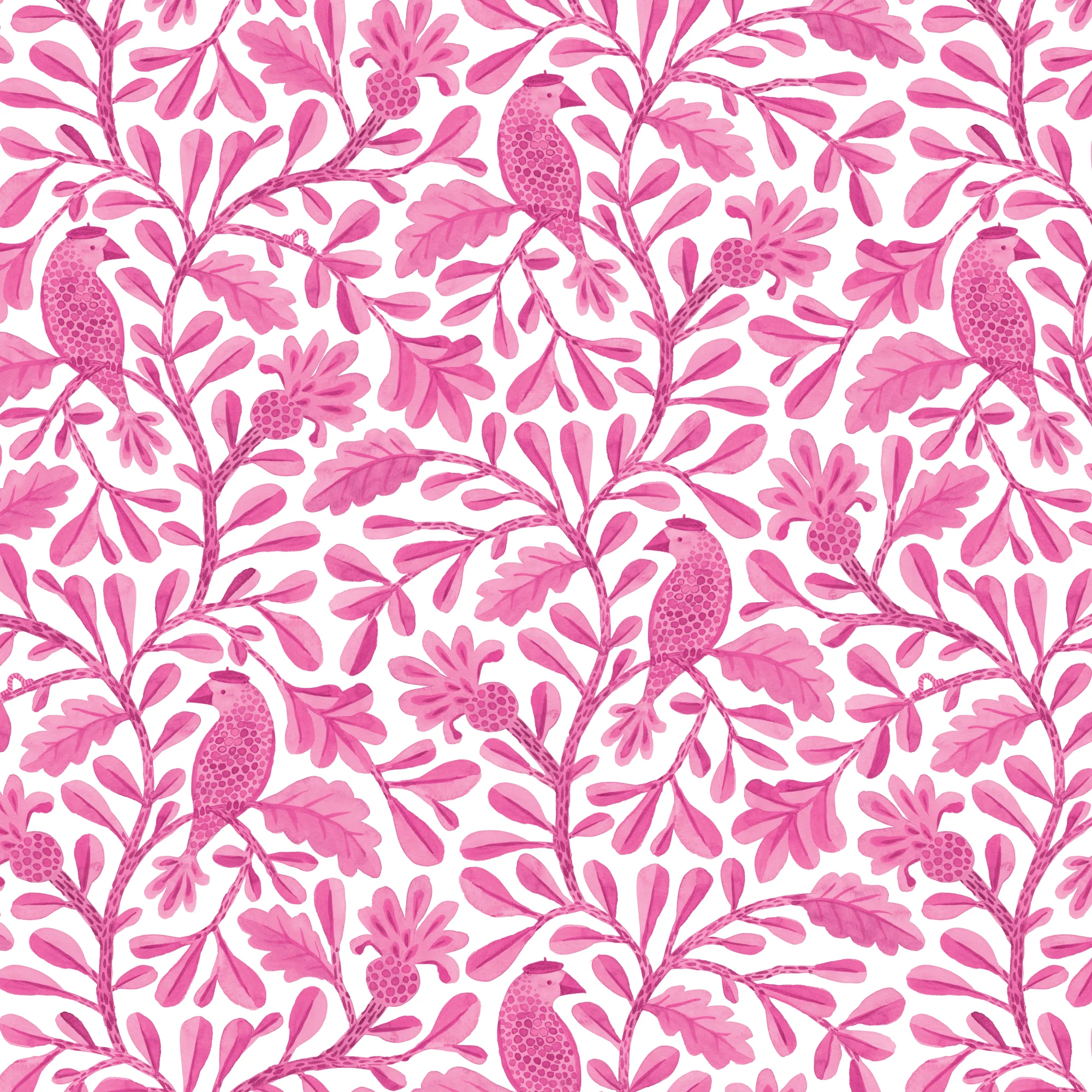 Bubblegum Roux Birds and Branches Cotton 44/45 Fabric Per Yard
