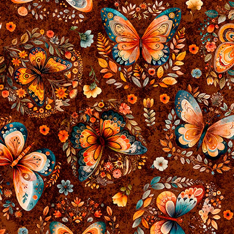 Burnt Umber Butterflies Harvest Hollow 44"/45" Cotton Fabric per yard