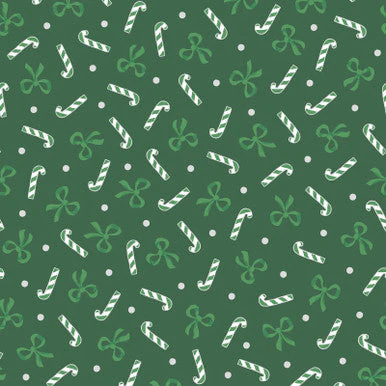 Candy Canes And Bows Metallic Green Merry Mix 43"/44" Cotton Fabric Per Yard