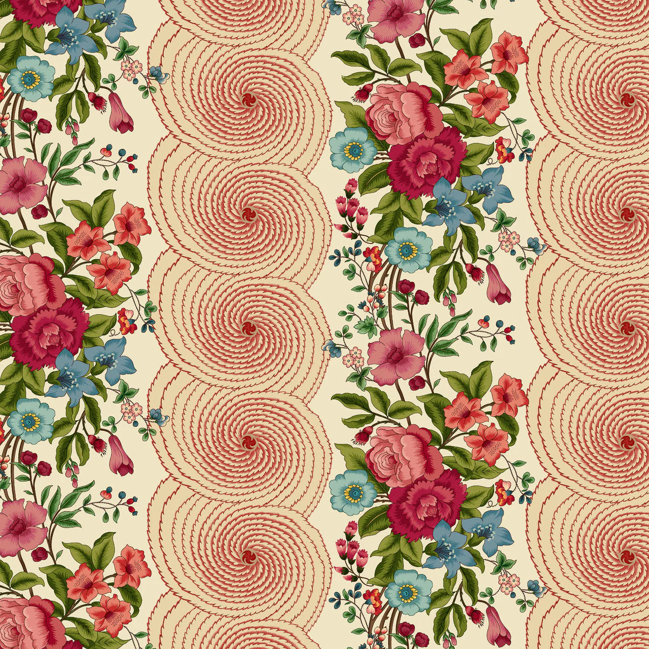 Cream Multi Large Border Stripe Lost Gardens of Heligan Cotton 43"/44" Fabric Per Yard