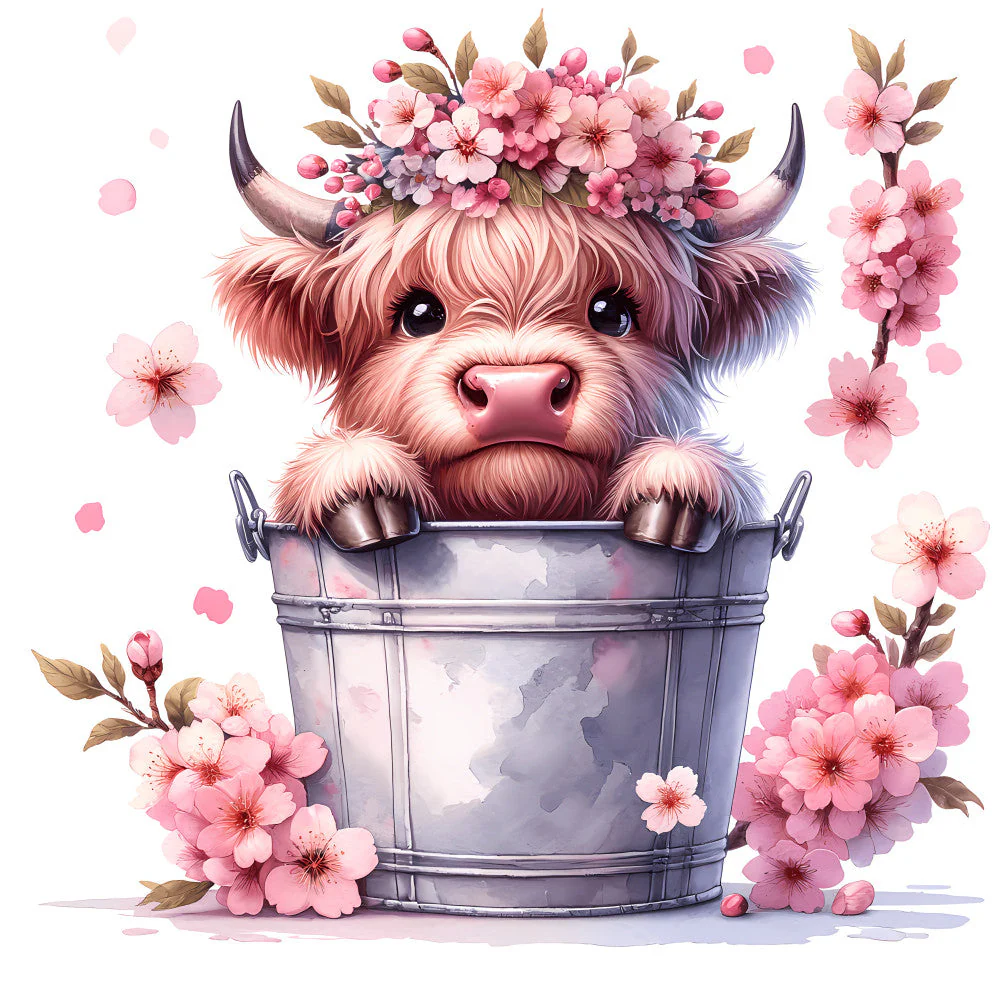 Cute Highland Cows in Buckets Fabric Panel 13
