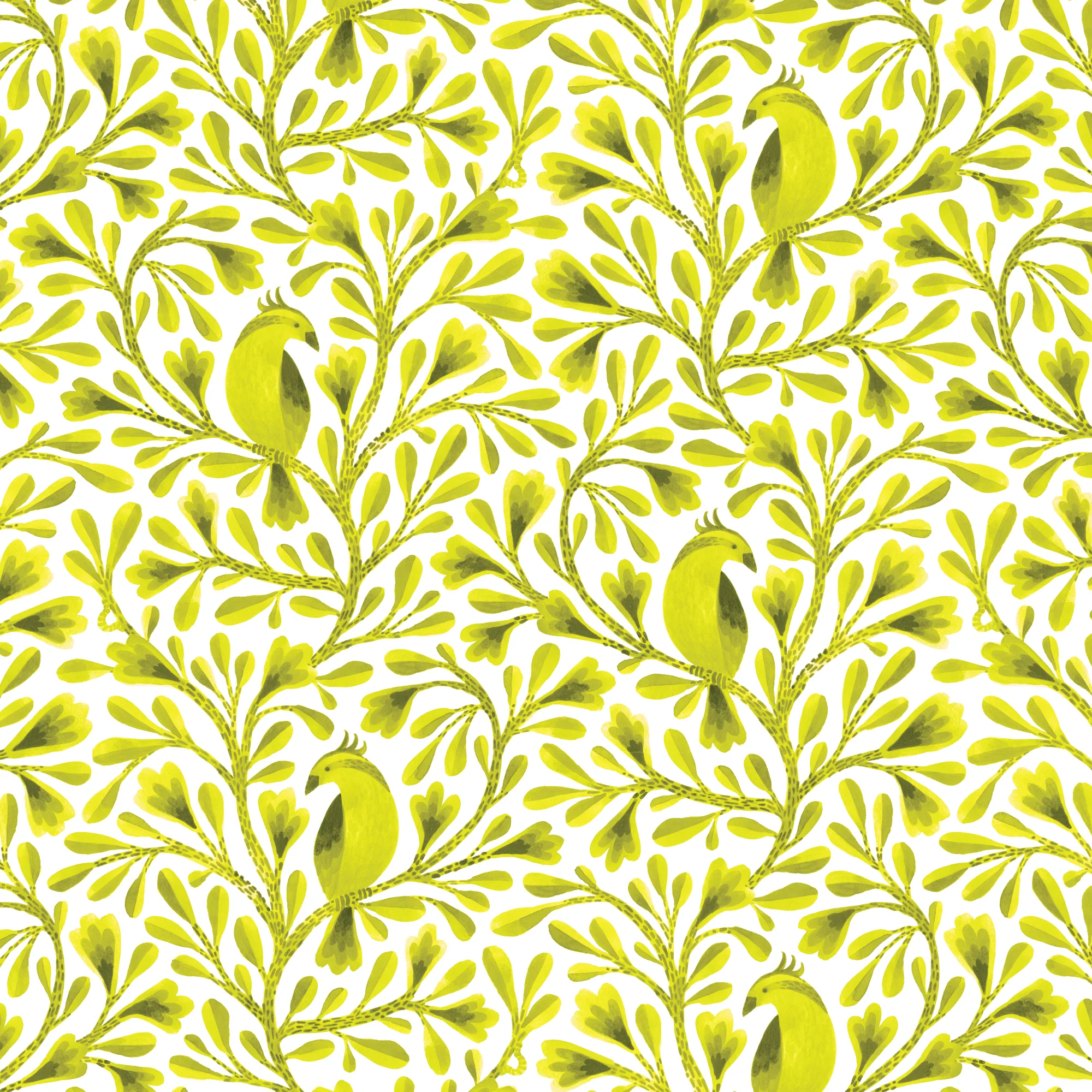 Dark Lime Citrine Birds and Branches Cotton 44/45 Fabric Per Yard