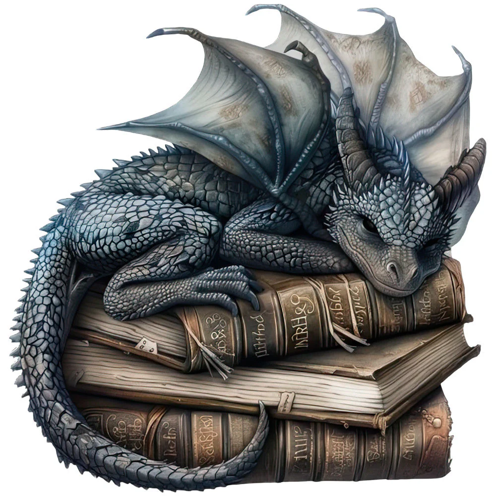 Dragon Sleeping on Books Fabric Panel 9