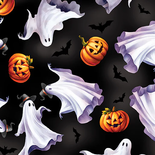 Ghostly Parade Black Cotton 44"/45" Fabric Per Yard