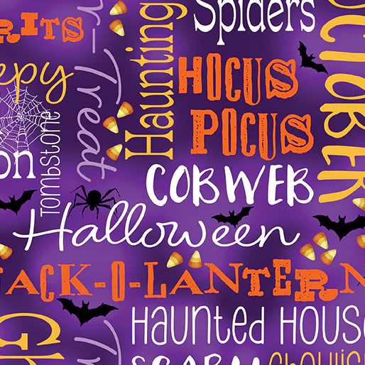 Ghostly Words Purple Cotton 44"/45" Fabric Per Yard