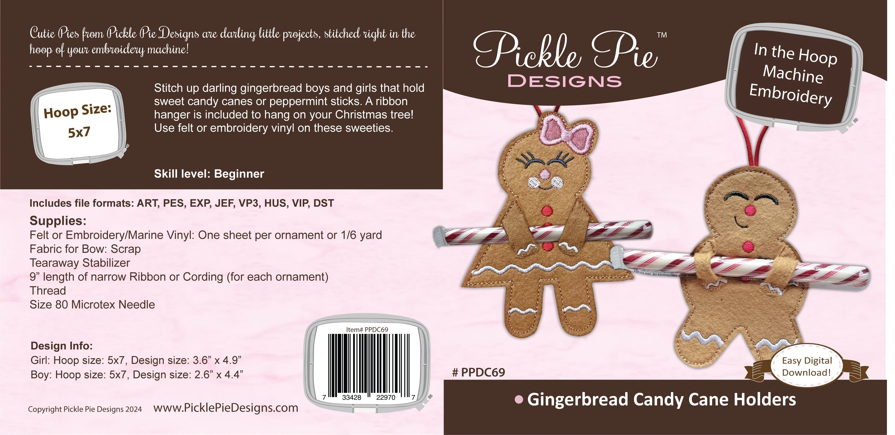Gingerbread Candy Cane Holders In the Hoop Machine Embroidery Design