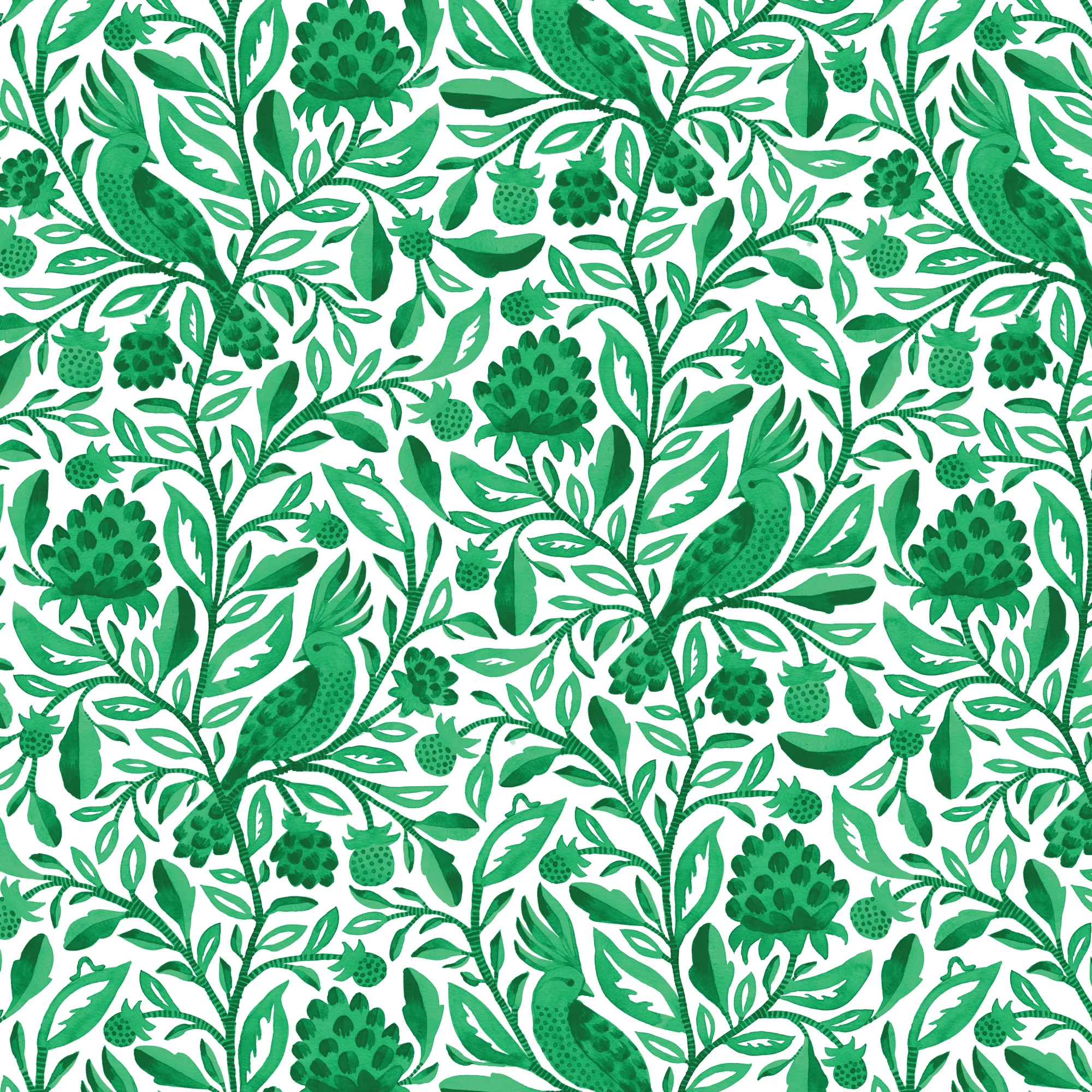 Green Esmralda Birds and Branches Cotton 44/45 Fabric Per Yard
