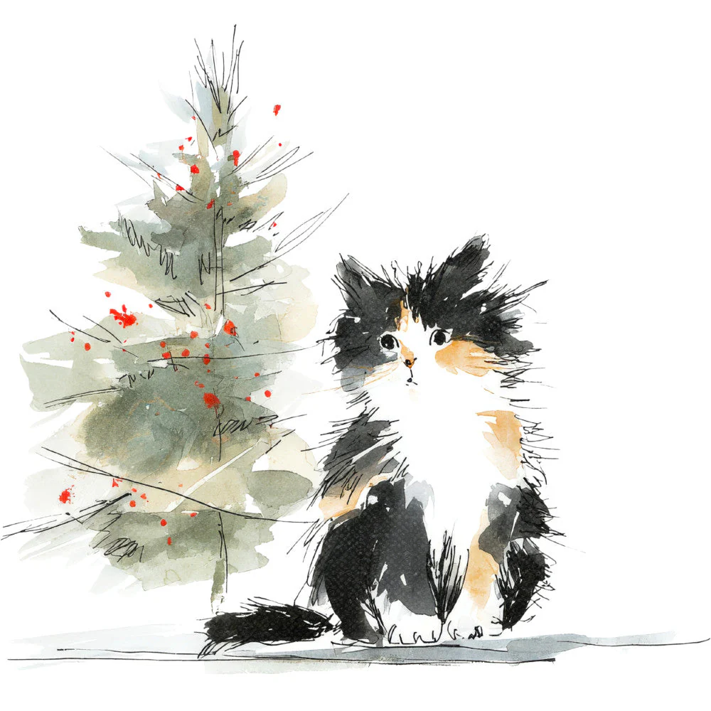 Handdrawn Christmas Cats Fabric Panel 3