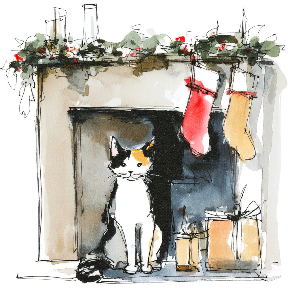 Handdrawn Christmas Cats Fabric Panel 47