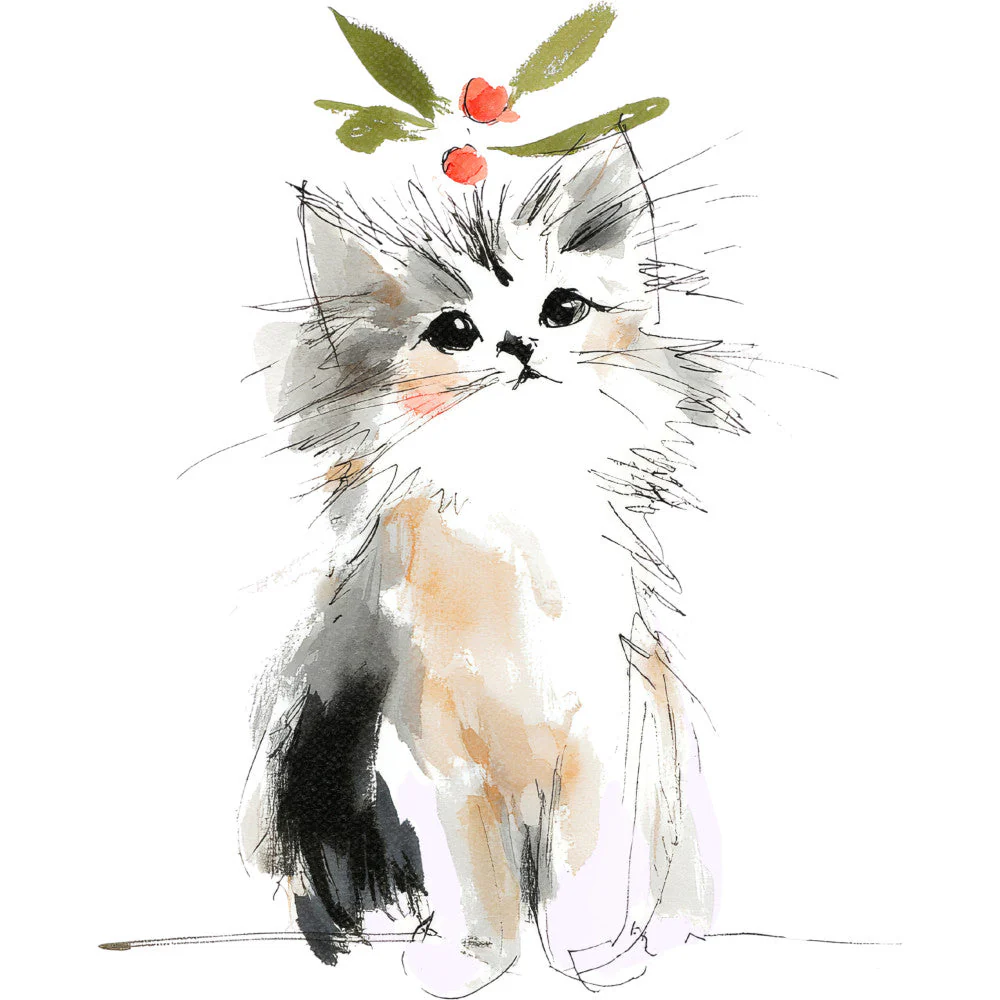 Handdrawn Christmas Cats Fabric Panel 76