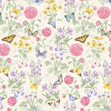 Large Floral - Cream/Multi Fluttering Florals Cotton 43"/44" Fabric Per Yard