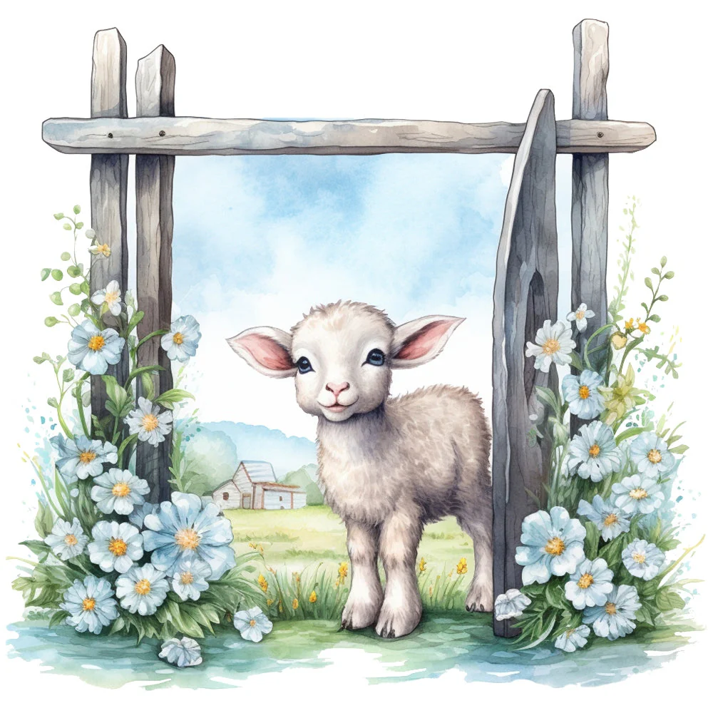 Light Blue Farm Animals Fabric Panel 2