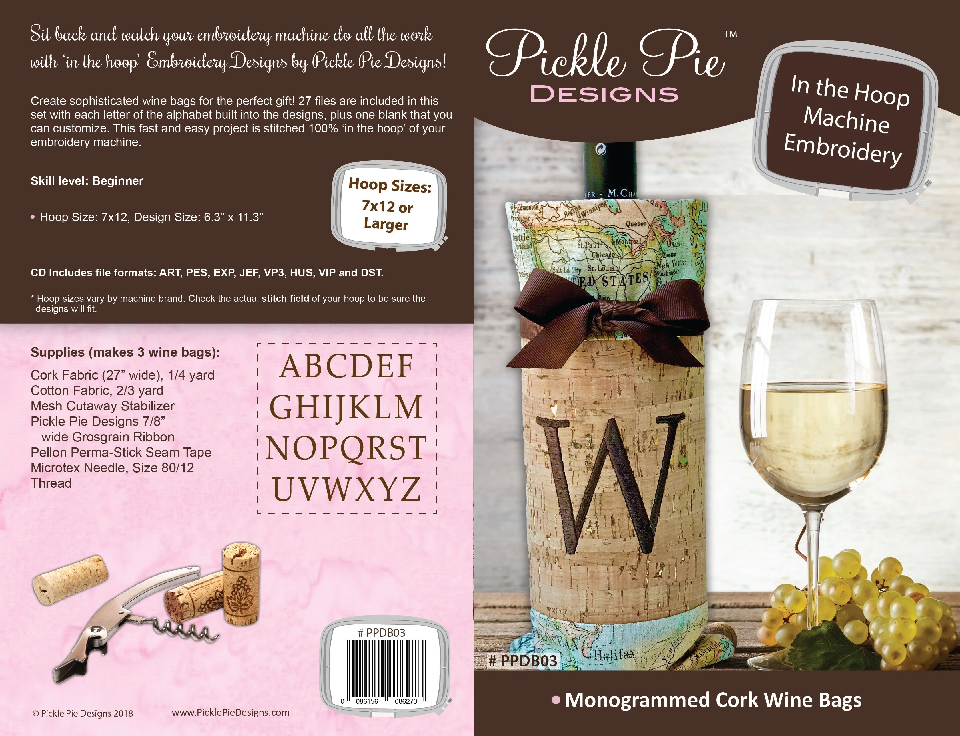 Monogrammed Cork Wine Bags In the Hoop Embroidery Design Collection