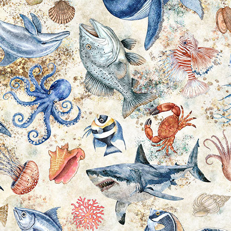 NAUTICUS SEA CREATURES CREAM 44"/45" Cotton Fabric Per Yard - Image 2