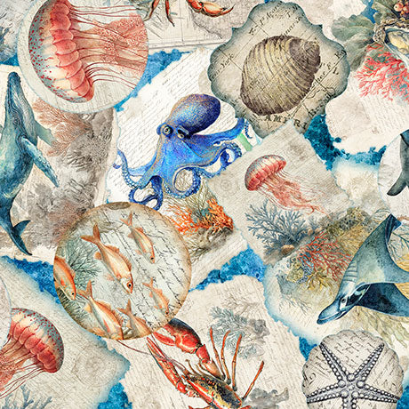 NAUTICUS SEA CREATURES OVERLAPPING PATCH OCEAN 44"/45" Cotton Fabric Per Yard - Image 2