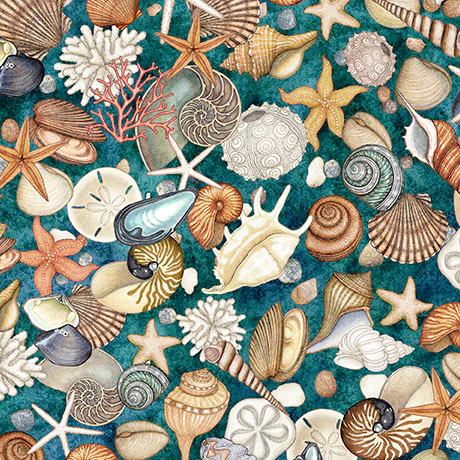 NAUTICUS SHELLS TEAL 44"/45" Fabric Per Yard