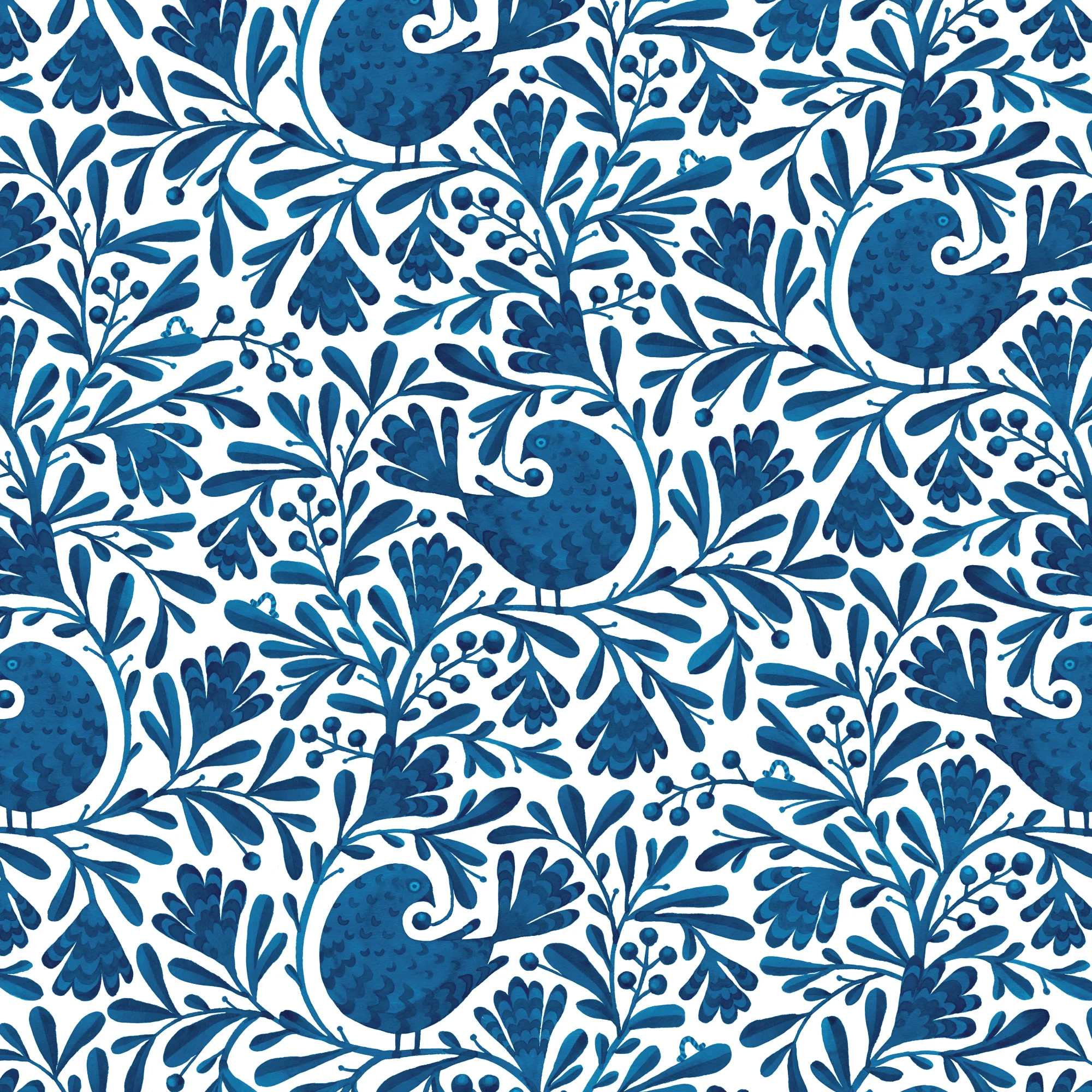 Navy Isla Birds and Branches Cotton 44/45 Fabric Per Yard