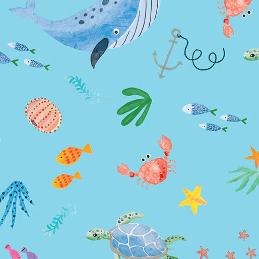 Ocean Life Turquoise Cotton 44"/45" Fabric Per Yard