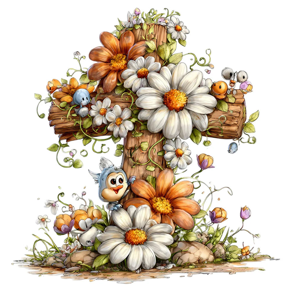 Old Rugged Floral Cross Fabric Panel 35