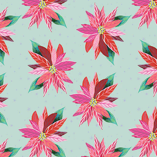 Painterly Poinsettia Light Turquoise Cotton 44"/45" Fabric Per Yard