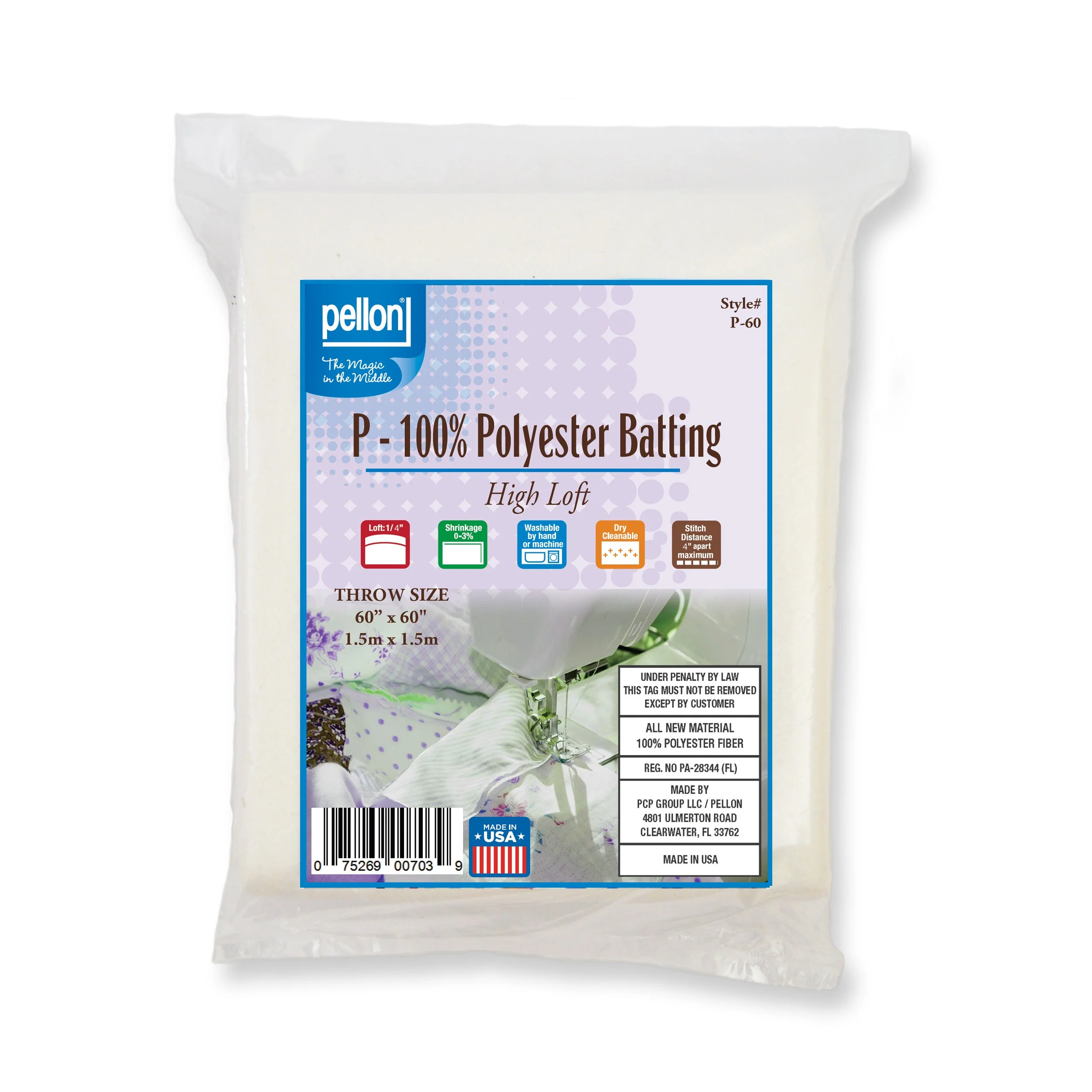Pellon® Polyester Batting 60" x 60" Throw Size Package.
