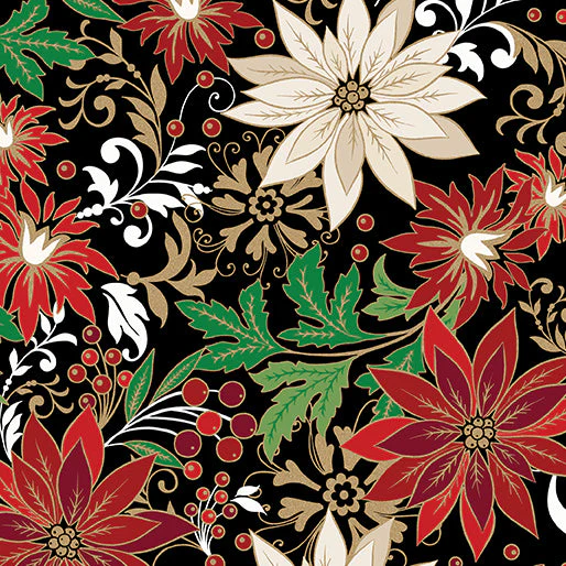 Poinsettia Jacobean Black Cotton 44"/45" Fabric Per Yard