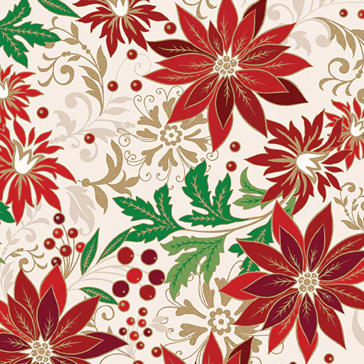 Poinsettia Jacobean Cream Cotton 44"/45" Fabric Per Yard