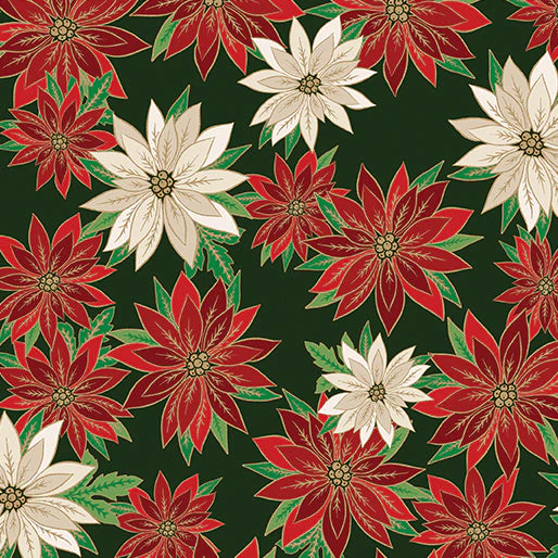 Poinsettias In Bloom Forest Green Cotton 44"/45" Fabric Per Yard