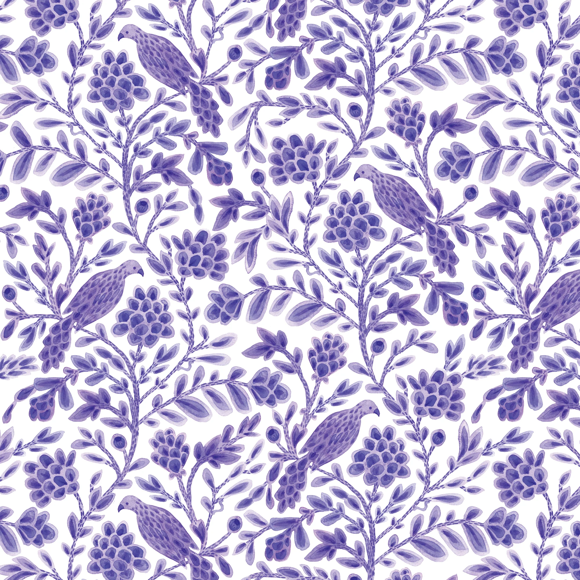 Purple Yolanda Birds and Branches Cotton 44/45 Fabric Per Yard