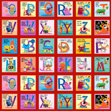 Red Multi My Silly Monster ABCs Blocks Cotton 43"/44" Fabric Per Yard