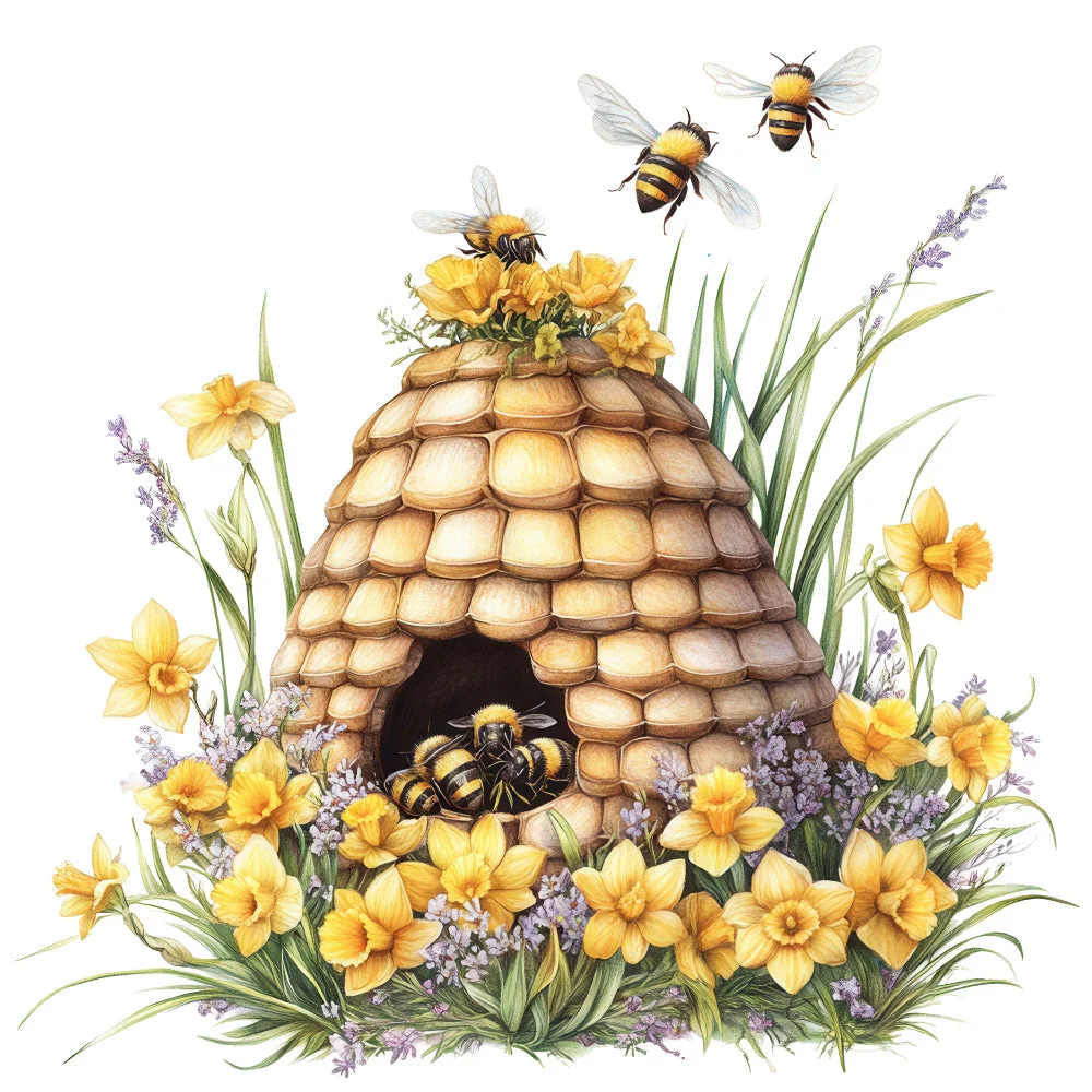 Rustic Beehive with Flowers Fabric Panel 15