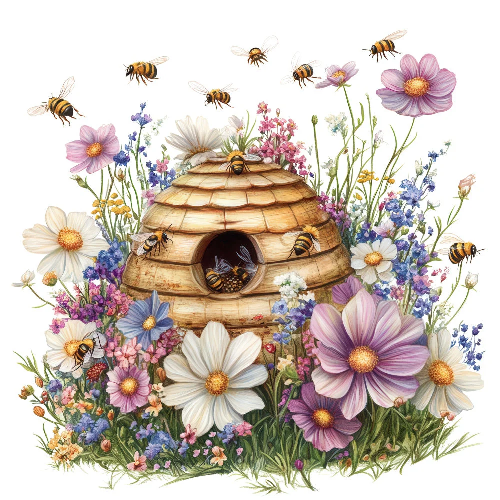 Rustic Beehive with Flowers Fabric Panel 25