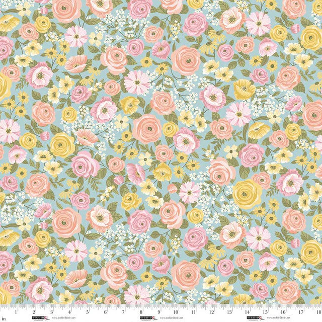 Serene Blue Multi Floral Layla 44"/45" Cotton Fabric per Yard