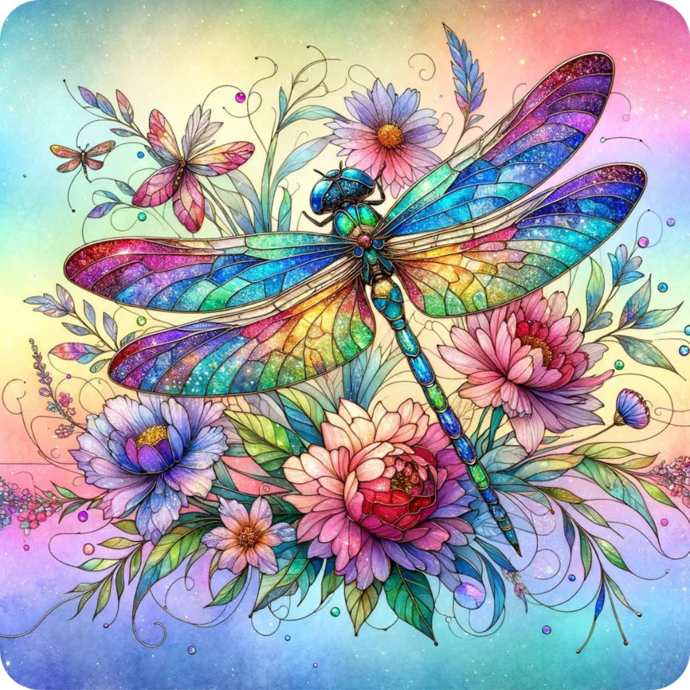Stained Glass Dragonfly Florals Fabric Panel 4