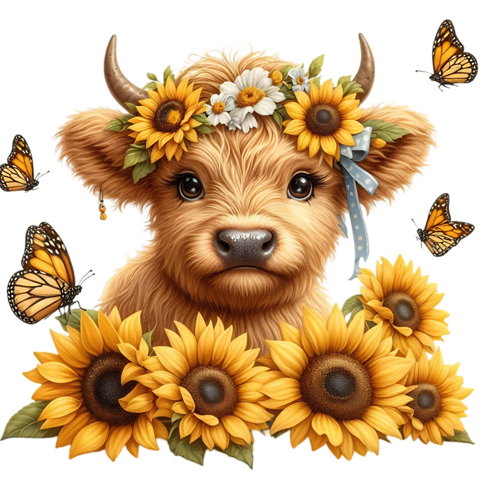 Sunflower Highland Cows Fabric Panel 18