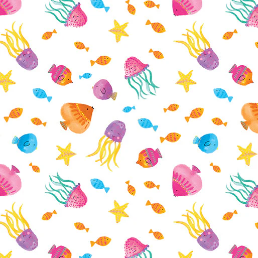 Tropical Fish White Cotton 44"/45" Fabric Per Yard