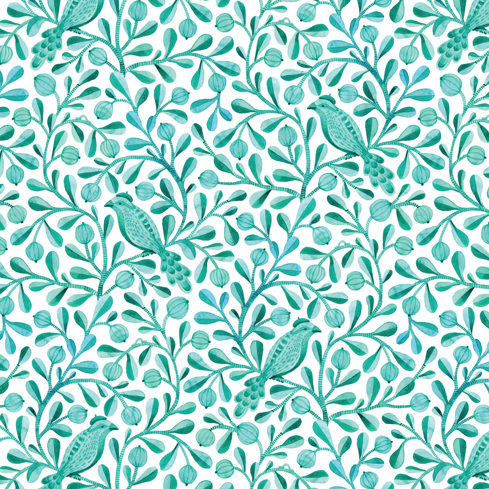 Turquoise Felipe Birds and Branches Cotton 44/45 Fabric Per Yard