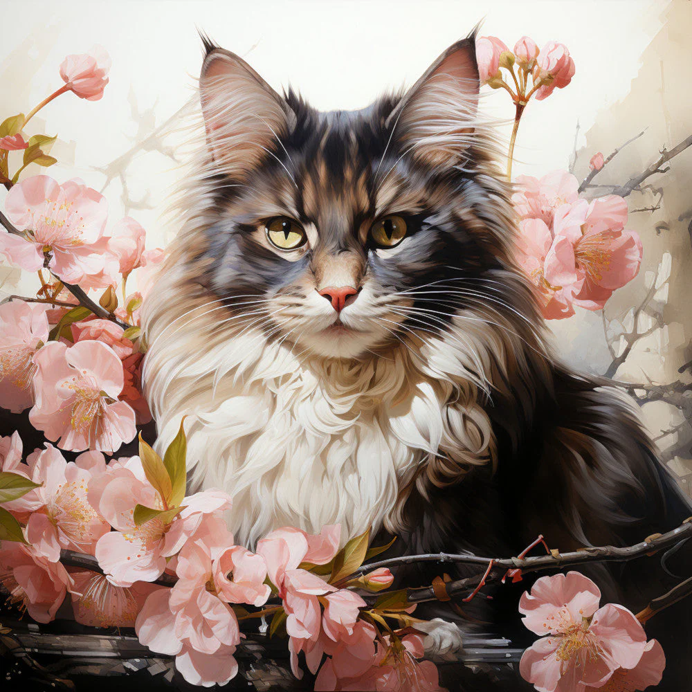 Watercolor Cats with Flowers Fabric Panel 4