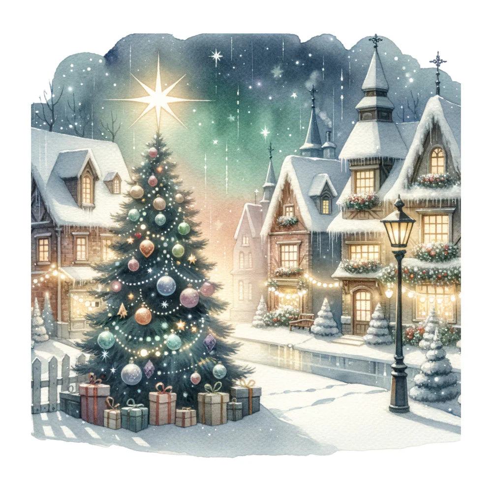 Watercolor Christmas Village Fabric Panel 3