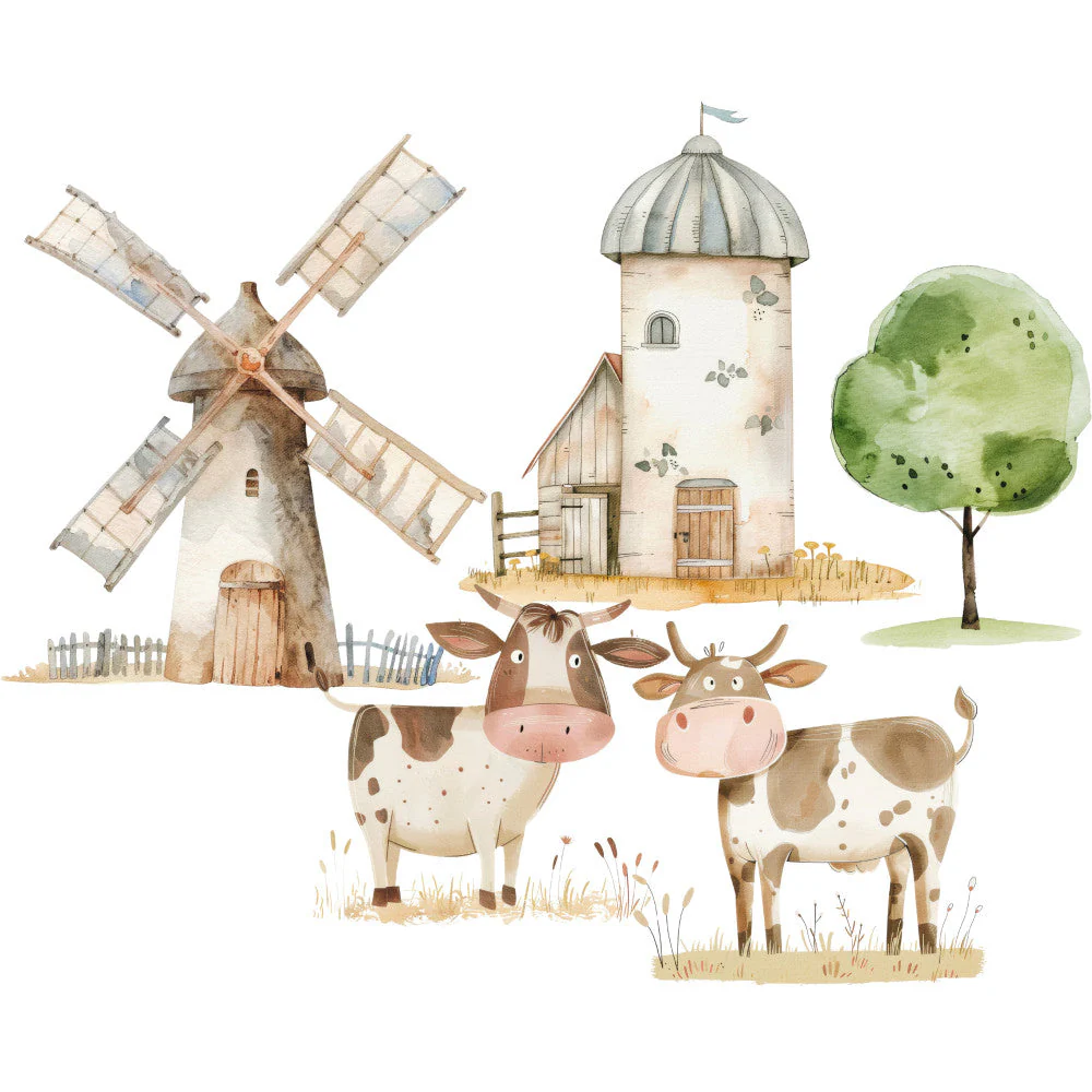 Watercolor Farm Fabric Panel 110