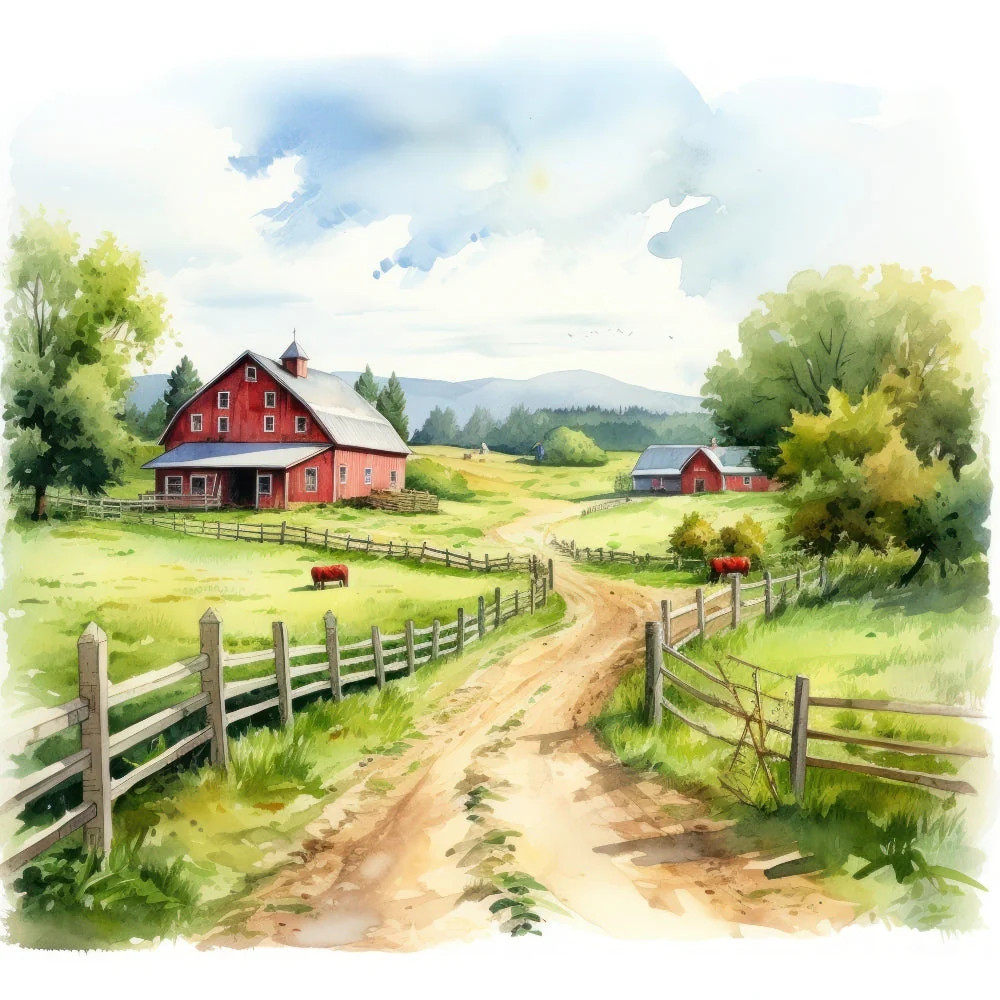 Watercolor Farm Life Fabric Panel 18